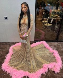 Pink Gold Black Girl Prom Dresses for Women Sparkly Luxury Crystal Feather Birthday Runway Dresses robe de soiree femmes 2024