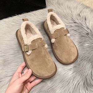 Sapatos de vestido feminino outono e inverno moda sólida fivela de superfície fosca com lã de cordeiro quente e antiderrapante sapatos de algodão plano 231128