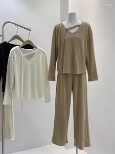 Pantaloni a due pezzi da donna set di pantaloni Casual manica lunga da donna moda coreana Vintage sciolto scollo a V solido 2023 autunno inverno
