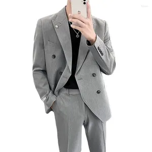 Men's Suits 2023(Jacket Pant) Lightly Cooked Korean Style Slim-fit Double-breasted Casual Loose Suit Solid Color