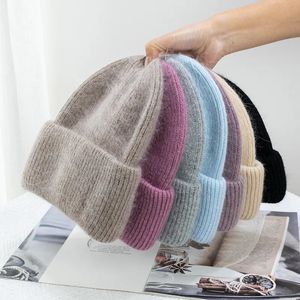 Beanie / Skull Caps Moda Quente Cashmere Lã Skullies Angola Coelho Fur Inverno Gorros De Malha Mulheres Cap Feminino Três Dobras Ski Outdoor Chapéus 231128