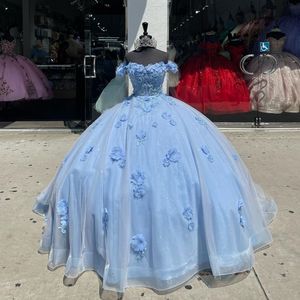 Sky Blue Off Shoulder Quinceanera Dress Prom Dress Lace Flower Beads Princess Dress Off the Shoulder Sweet 15 Year Old Party Dress