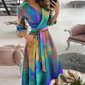 Casual Dresses Gradient Women Shirt Dress Half Sleeve Summer Printed Long Laides Turn-down Collar Sashes Wrap Sundress Party