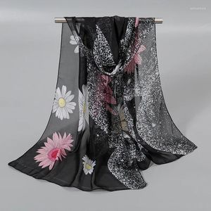 Halsdukar härlig polka daisy blommig chiffon polyester sjal halsduk dam hög kvalitet tunt mjuk silkes strand täckning väska tillbehör 150 50 cm