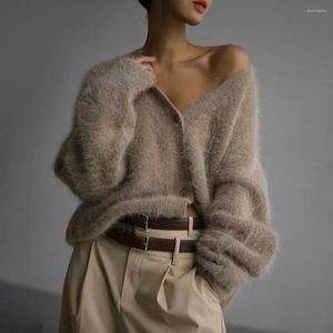 Women's Knits Solid Imitation Mink Wool Knitted Sweaters Cardigan Streetwear Lazy Loose Long Sleeve V-neck Knitting Coat For Women