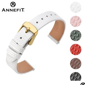 Watch Bands Annefit Leather Band for Women 12mm 14mm 16mm 18mm 20mmトカゲ穀物スリム薄い交換用ストラップステンレス鋼バックルdr dhjtv