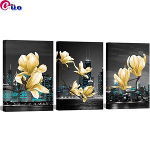 Stitch Diamond Målning 3 stycken Set Yellow Flowers Badrumdekor Bild Chicago CityScape Floral Brodery Diamond Mosaic Gift