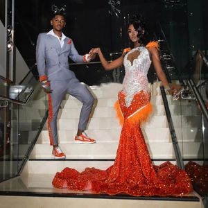 Luxury Orange Prom Dresses For Black Girls Feathers Rhinestone Sequin Mermaid Party Gowns Afrcian Women Crystal Evening Dress