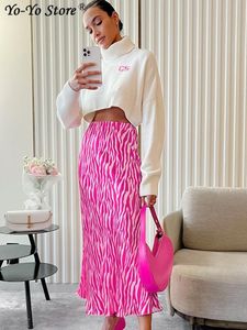 スカートファッションサテン縞模様のプリントスカート女性2023ピンクのアライン春の​​夏の気質エレガントな女性230428