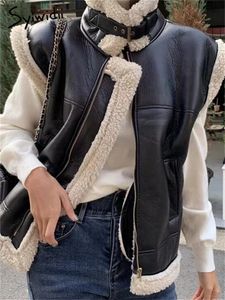 Womens Leather Faux Syiwidii Vests Jacket Women Moto Biker Zipper Fur Lined Coat Pu Chic Turn Down Collar Outerwear 231129