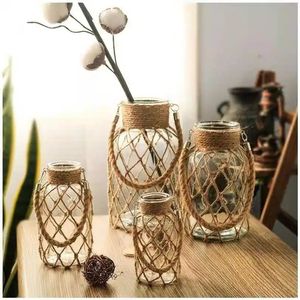 Vases Hemp Rope Glass Transparent Vase Woven American Room Decoration Hydroponic Retro Bar Night Club Home 231128