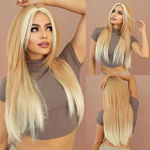 Synthetic Wigs Women's Fashion Wig Skunk Stripe Milk Tea Gilded Layer Secondary Long Straight Hair Spot Dyed Gold Chemical Fiber Mechanism Wig