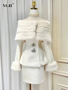 Abito a due pezzi VGH Set solido ed elegante per le donne Slash Neck Cappotto a maniche lunghe Vita alta Gonna a tubino Set di temperamento Moda femminile 231129