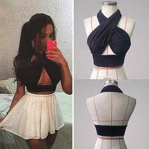 Toppar kvinnor strappy cross över framklipp ut halter hals ärmlös skörd topp bandage väst sommar casual lös toppar svart sxl