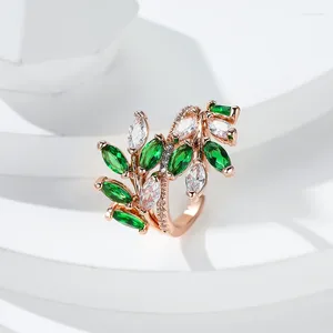 Cluster Rings Delicate Rose Gold Color Marquise Cut Zircon Leaf Open Ring Green Dark Blue Pink Gemstone Index Finger For Women Jewel