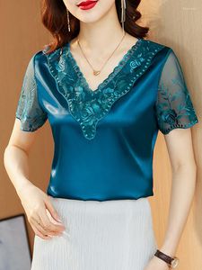 Kvinnors blusar Fashion Elegant Satin Lace Blue Summer Embroidery M-4XL Kort ärmstoppar Stitching Women's Clothing Shirt 19128