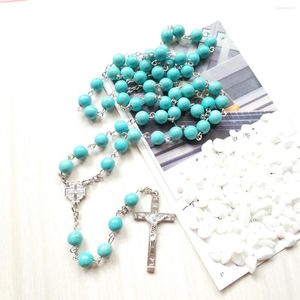 Pendant Necklaces Blue Natural Stone Rosary Beads Necklace Christ Jesus Cross For Women Men Religious Prayer Jewelry