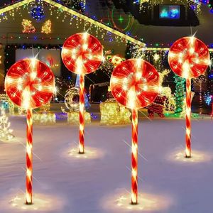 ガーデンデコレーション5pcs/set lollipopクリスマスガーデンライトロリポップソーラーパワークリスマスデコレーション屋外の防水ガーデンステークライト231124