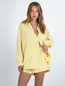 Mulheres Pijamas Marthaqiqi Outono Senhoras Definir Manga Longa Nightwear Turn-Down Collar Nightgowns Shorts Soltos Feminino Pijama 2 Peça Terno