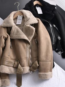 Skórzana skórzana faux traf Winter Women Gruste ciepłe zamszowe jagnięce kurtka krótka motocykl brązowe płaszcze Shearling Sheepsin Tacty warwearność 231129