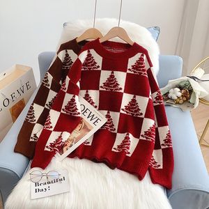 Damen Pullover Winterkleidung Damen Kawaii Pullover Weihnachtsbaum Pullover Rot Weiß Plaid 2023 Femme O Neck Loose Year Top J008