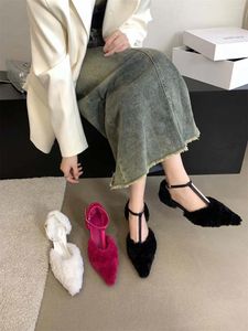 Sandals Fashion Women Fur Design Thin Mid Heels T Strap Black White Rose Elegant Party Pumps Summer Sexy Dress Shoes
