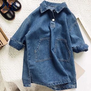 Girl s Dresses Humor Bear Girls Dress Spring Autumn Long Sleeve Solid Color Denim Casual Loose Pocket Toddler Kids Clothes 231128