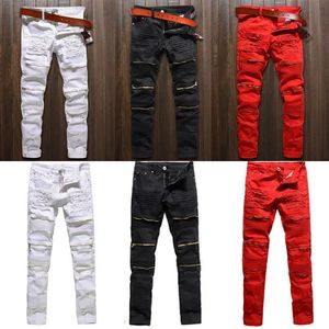 Calça Jeans Masculina Calça jeans justa e elástica rasgada Distressed Ripped Freyed Slim Fit jeans Destroyed Jeans rasgado jeans preto e vermelho 231129