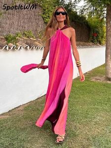 Basic Casual Dresses Sexy Strapless Gradient Halter Maxi Robe Contrasting Colors Loose Elegant Lady Backless Sleeveless Long Beachwear 231129