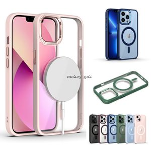 Cobrar o carregamento sem fio à prova de choque para magsafe transparente capa para celular para iPhone 13 Pro Max 14 12 11 XR XS Metal TPU Caso magnético