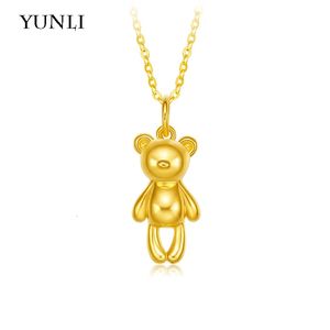 Chokers YUNLI Pure 24K 999 Gold Pendant Necklace Lovely Bear with Real 18K AU750 Chain for Women Fine Jewelry Gifts 231129