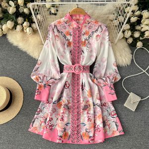 Casual Dresses 2023 Spring Summer Pink Flower Sweet Dress for Women Runway Stand Collar Lantern Sleeve Single Breasted Floral Print Belt Mini Dress