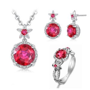 ウェディングジュエリーセットSzjinao Silver for Women Real 925 Sterling Flower Ruby with Zircons Earrings Pendant Ring Boho Fine Jewellery 231128