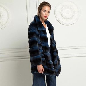 Women's Fur & Faux Medium Length Natural Rex Coat Stand Collar Winter Fashion Whole Skin Genuine Jacket Female Luxury