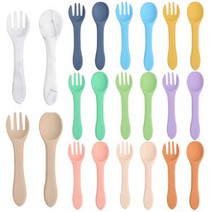 Cups Dishes Utensils 2PC Soft Tip Silicone Fork Spoon Baby Feeding Set Children Dishes Toddler Infant Feeding Accessories BPA Free Silicone Tableware P230314