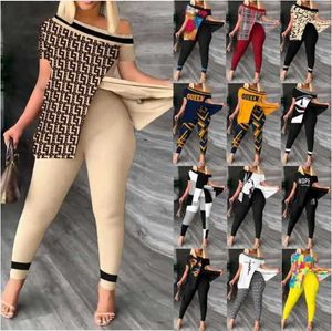 2023 Womens Tracksuits Irregular Short Sleeved One Off Shoulder Tops And Leggings Matching Set Fashion Pants Outfits