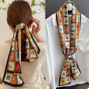 Halsdukar lyxhästtryckt silkescarf kvinnor märkesdesigner tunt lång silkescarf tjej pannband designer stewardess nack halsduk silk bälte j230428