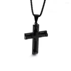 Pendant Necklaces Fashion Men Punk Male Cross Jesus Black Titanium Steel Cable Wire Rope Necklace Jewelry