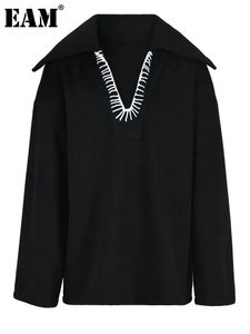 Suéter feminino EAM preto com costura grande tamanho tricô suéter decote em V manga comprida pulôveres femininos moda primavera outono 2023 CPG0534 231129