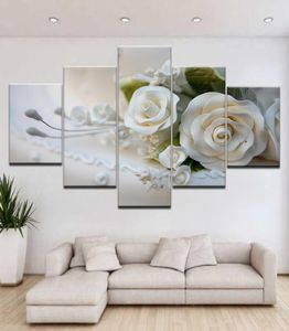 Vender 5 piezas de arte de pared sobre lienzo pintura impresa cuadro Modular moderno muchas flores rosa blanca con marco 3663767