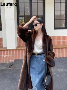 Womens Wool Blends Lautaro Winter Long Vintage Elegant Luxury Chic Thick Warm Soft Brown Fluffy Faux Mink Fur Coat Women V Neck Furry Overcoat 231129