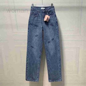 Calças de brim femininas designer qualidade outono novo jeans bordado cinto traseiro tubo reto solto versátil calças de cintura alta hp0m