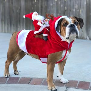 Köpek giyim 1pc evcil hayvanlar Noel kostümü Noel baba at binicilik giyim kayak komik evcil hayvan cosplay kostümü yıl sıcak ve don evcil hayvan malzemeleri 231129