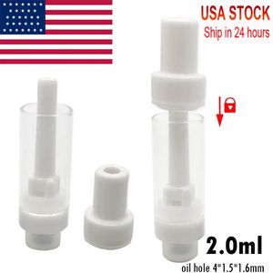 2 ml Vollkeramikkartusche USA Stock Press Tops weiße Zerstäuberwagen rundes Mundstück maschinell drücken 510 Gewinde leerer Glastank für dicke Ölkartuschen 400 Stück/Menge