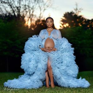 Light Sky Blue Fluffy Tulle Maternity Robes For Pregnant Women Custom Made Ruffles Long Sleeved A Line Dresses Photoshoot Beach Birthday Prom Formal Robe CL2219