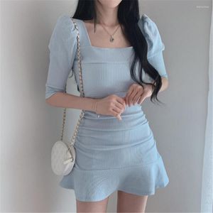 Party Dresses 2023 Sweet Ruffles Mini Women Slim Summer Soft Pure French Style Office Lady Square Collar A-Line Vestidos