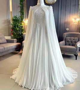 Elegante árabe muçulmano uma linha vestidos de casamento com capa envoltório 2024 rendas apliques mangas compridas alta pescoço chiffon vestido de casamento feminino modesto dubai branco vestido de novia