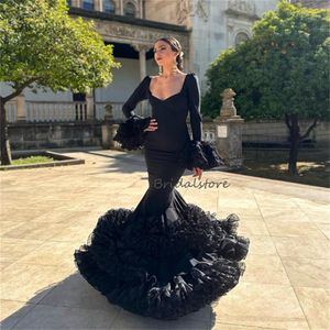 Spanisch Flamenco Schwarz Abendkleid Kostüm Meerjungfrau Langarm Abendkleid 2023 Für Tänzer Nachtzeremonie Gothic Party Kleider Schicke Robe De Mariee Vestidos De Fiesta