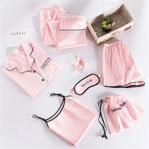 Rosa listrado pijamas de seda cetim femme conjunto de pijama 7 peças conjunto ponto lingerie robe pijamas feminino pijamas mãe pjs kpacotakowka 21225k