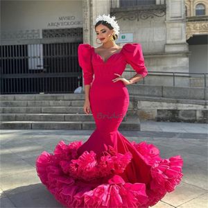 Fuchsia Flamenco Dancer Prom Dress 2023 Elegant Costume Mermaid Evening Gowns With Puff Sleeve Ruffles Engagement Party Ceremony Reception Vestidos De Fiesta